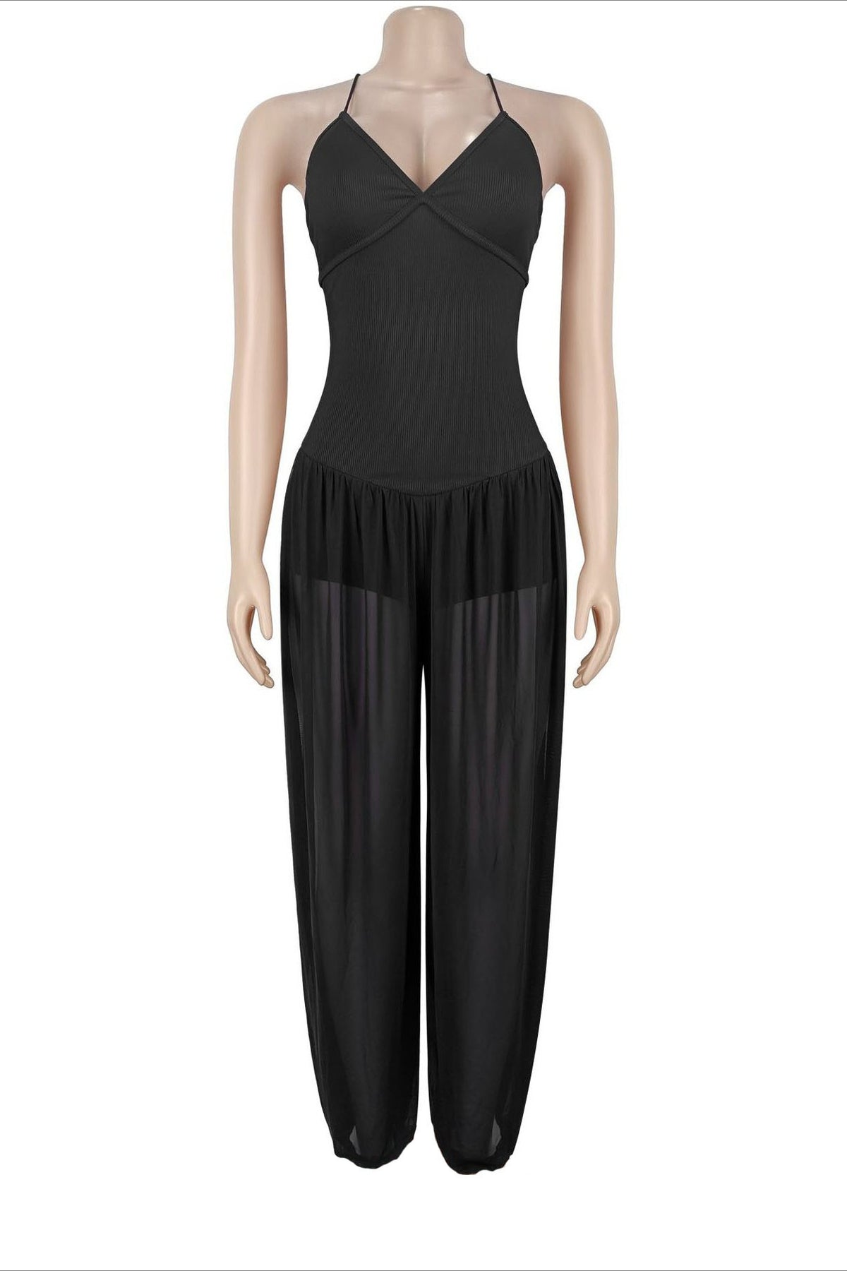 Sheer Lace-Up Wide Leg Jumpsuit