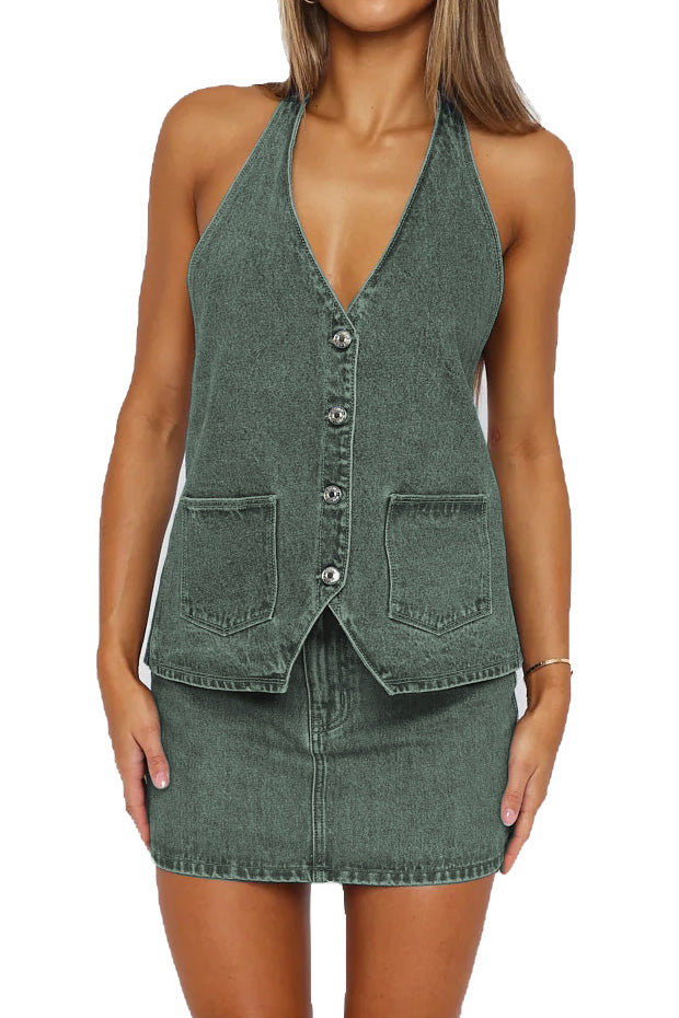 Buttoned Halter Neck Denim Long Top