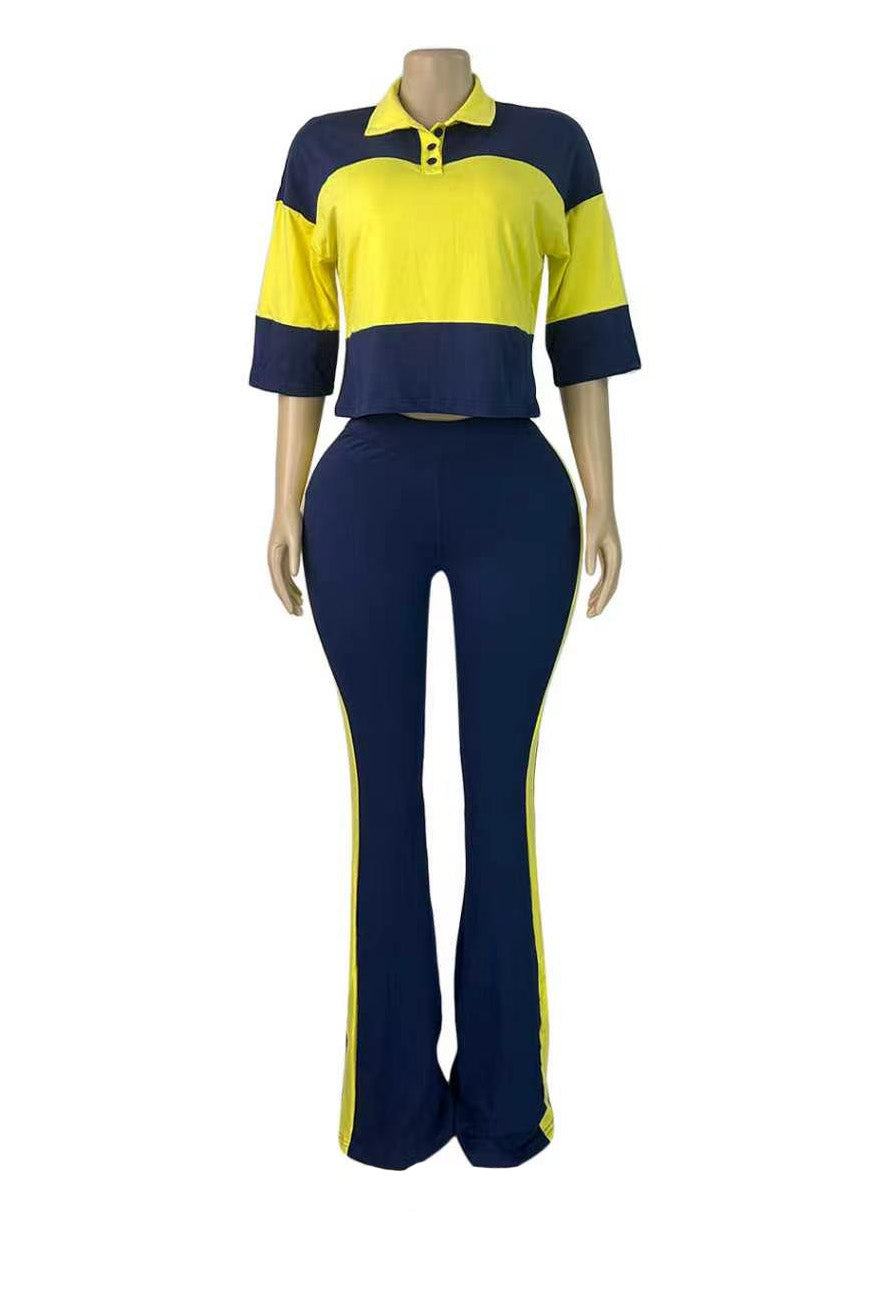 Collared Top & Flare Pants Two-Piece Set