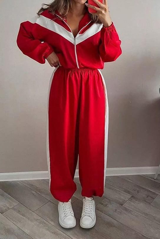 Colorblock Zip Jacket Wide Leg Pants Set