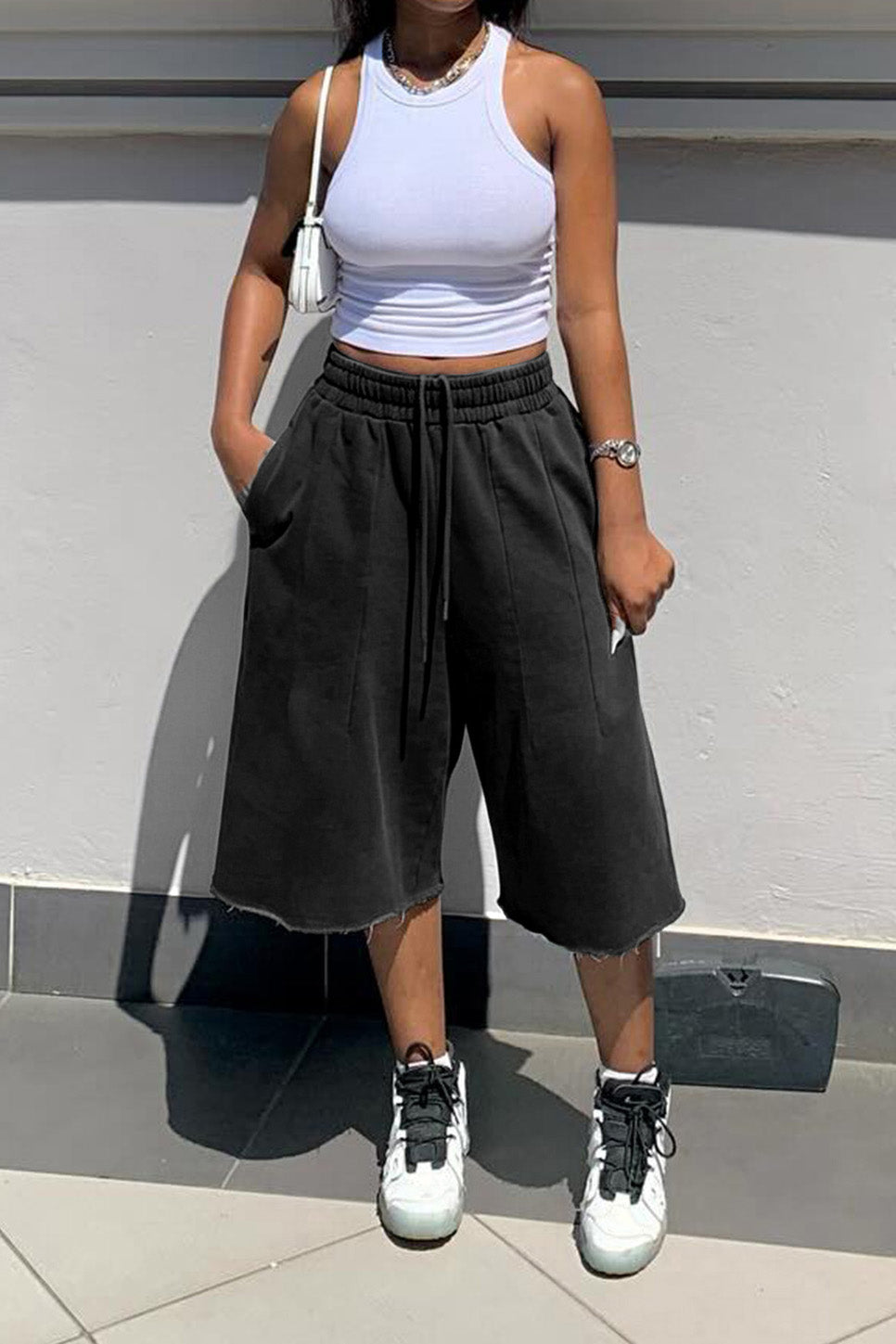 Vintage Wash Raw Hem Baggy Sweat Shorts
