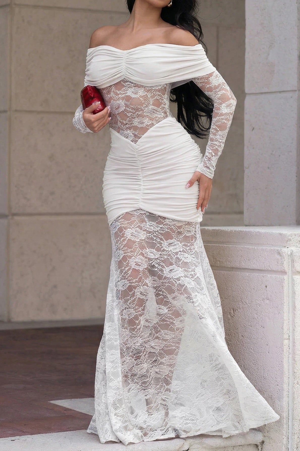 Off-Shoulder Ruched Lace Maxi Dress
