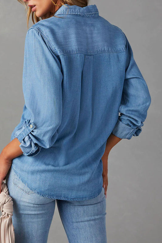 Button Front Roll-Tab Sleeve Denim Shirt