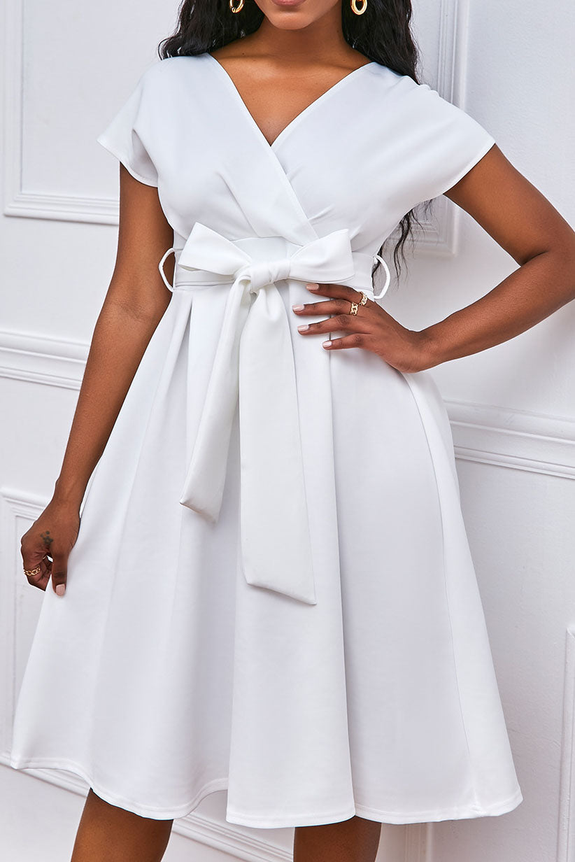 Solid Color Belted Bow Tie Waist Dress