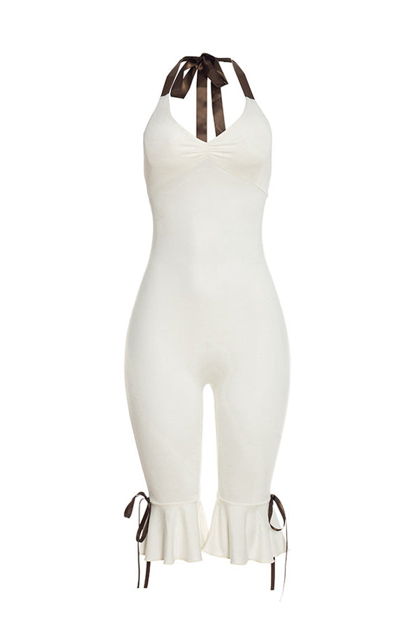 Contrast Halter Ruffle Hem Jumpsuit