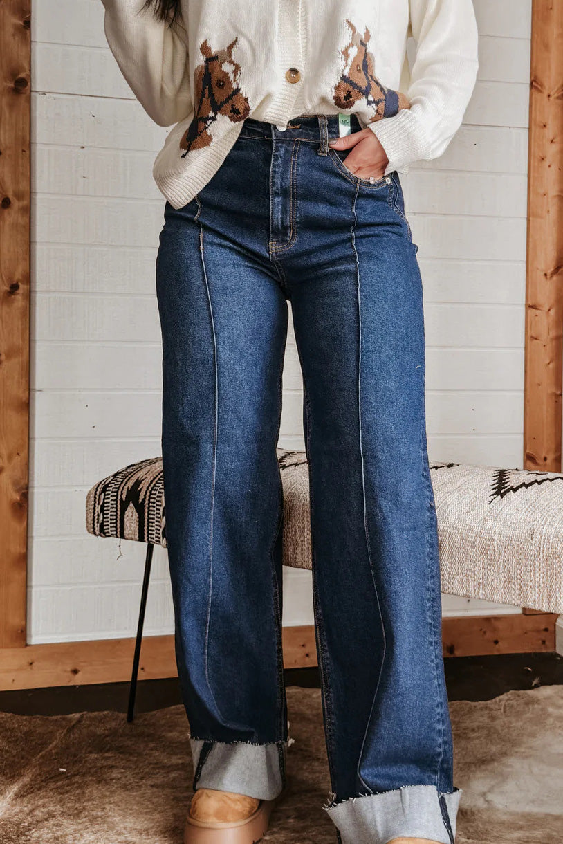 Stretch Cuffed Wide Leg Front Seam Jeans