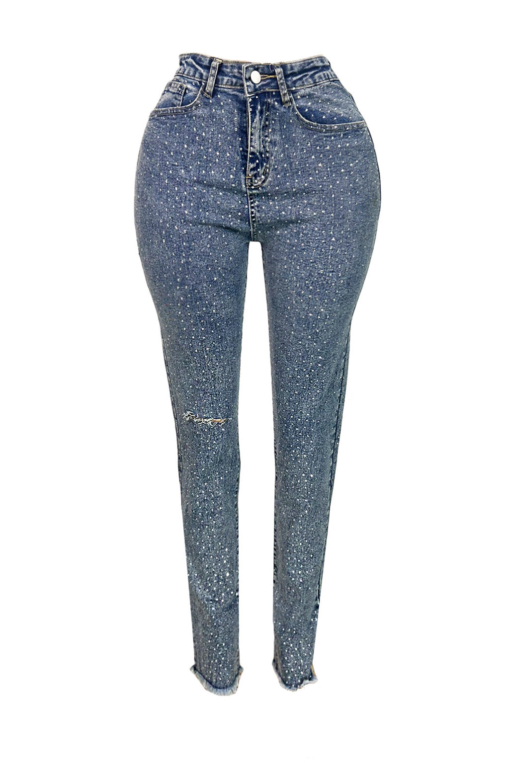 Rhinestone Skinny Raw Hem Jeans