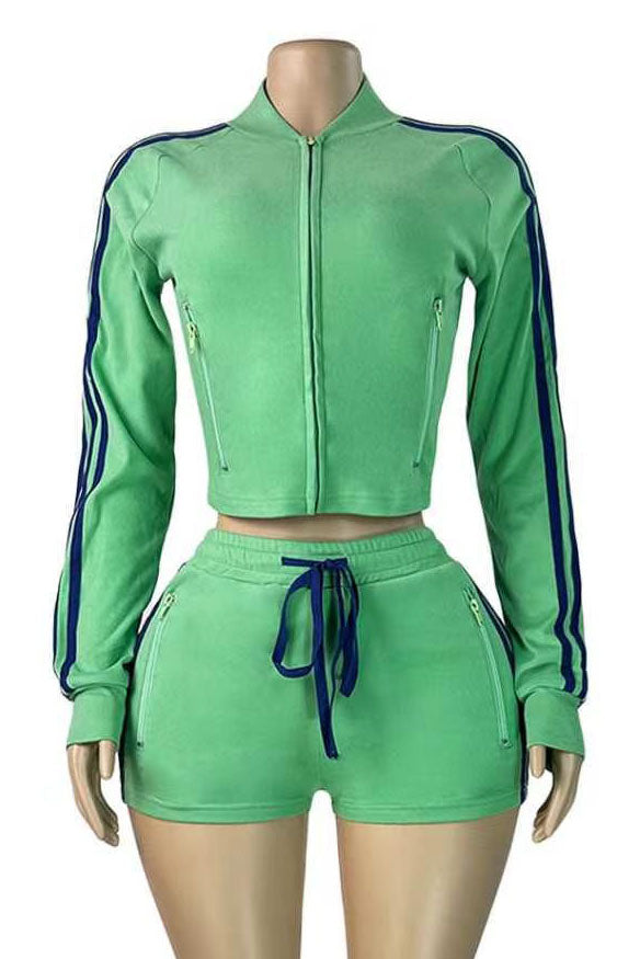 Sporty Striped Zip-Up Shorts Set