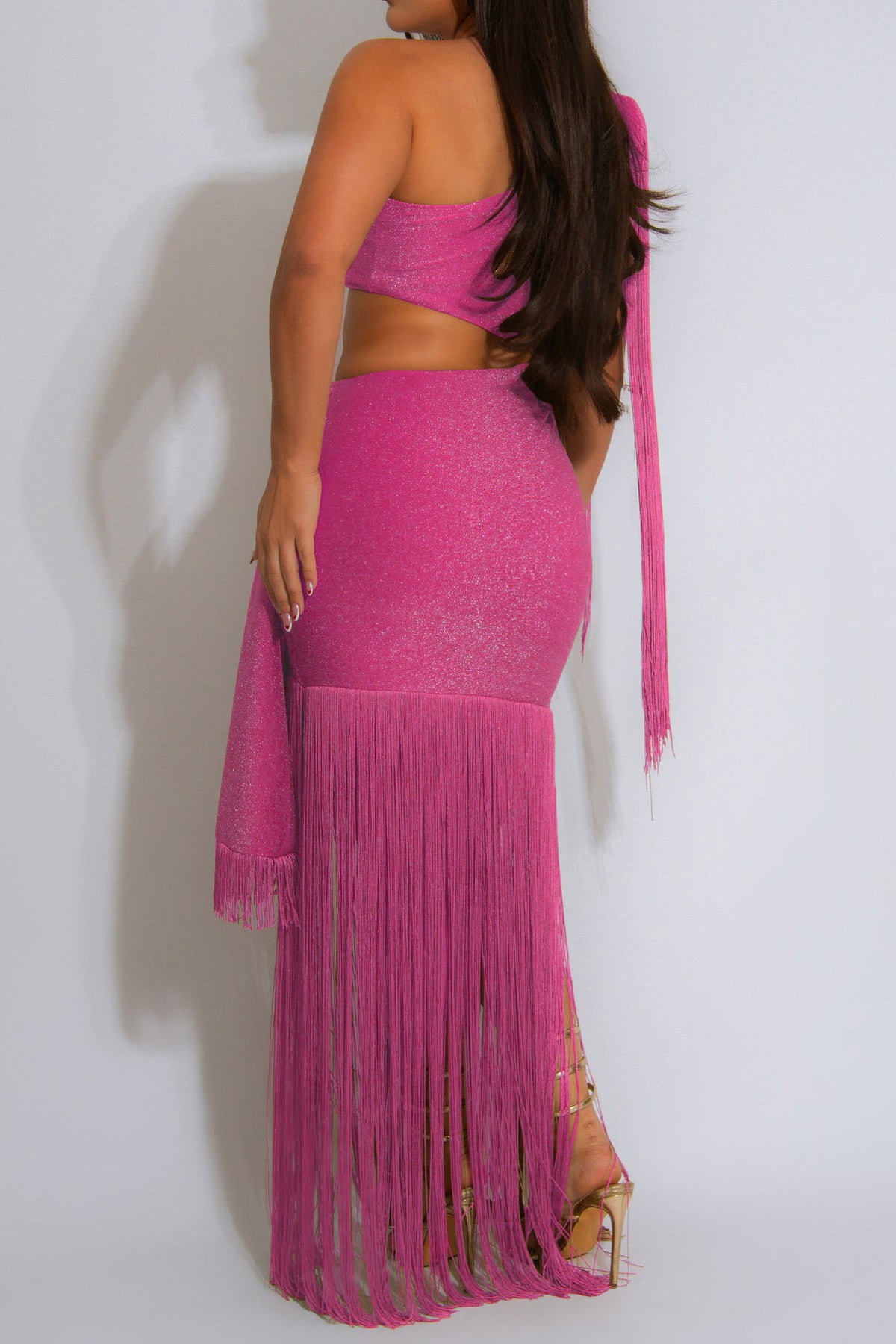 Shimmer One Shoulder Fringe Cutout Maxi Dress