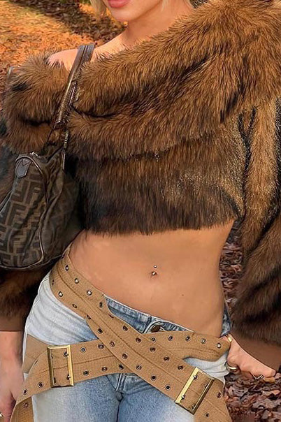 Brown Faux Fur Off Shoulder Top