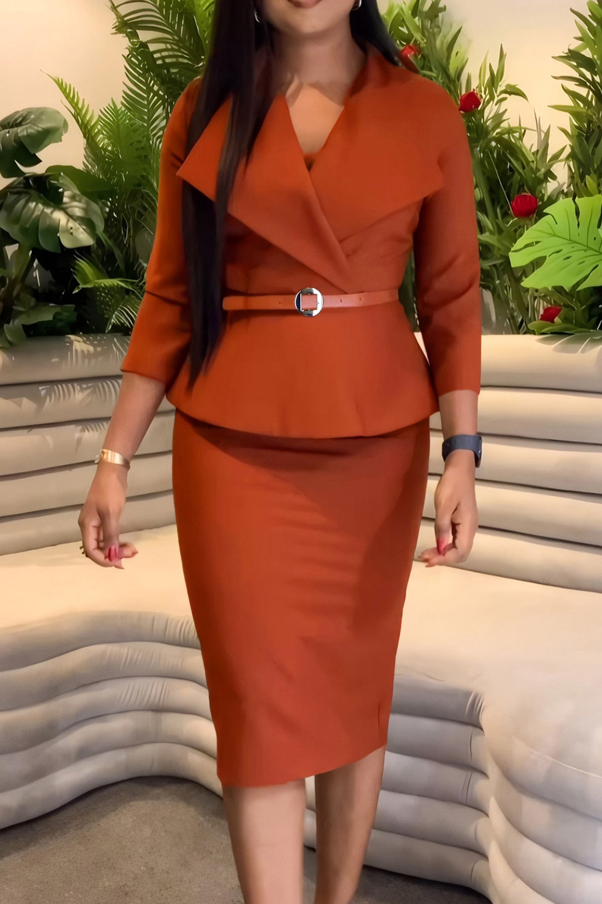 3/4 Sleeve Belted Sheath Work Dress