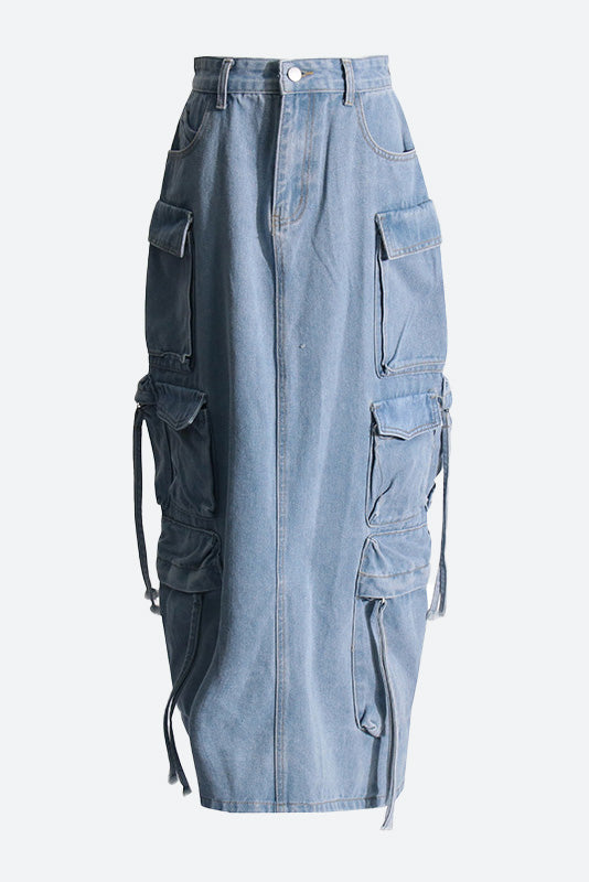 Blue Pocket Denim Midi Skirt