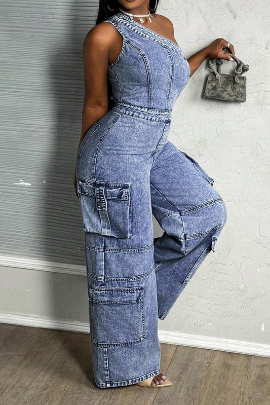 One Shoulder Stretch Denim Jumpsuit