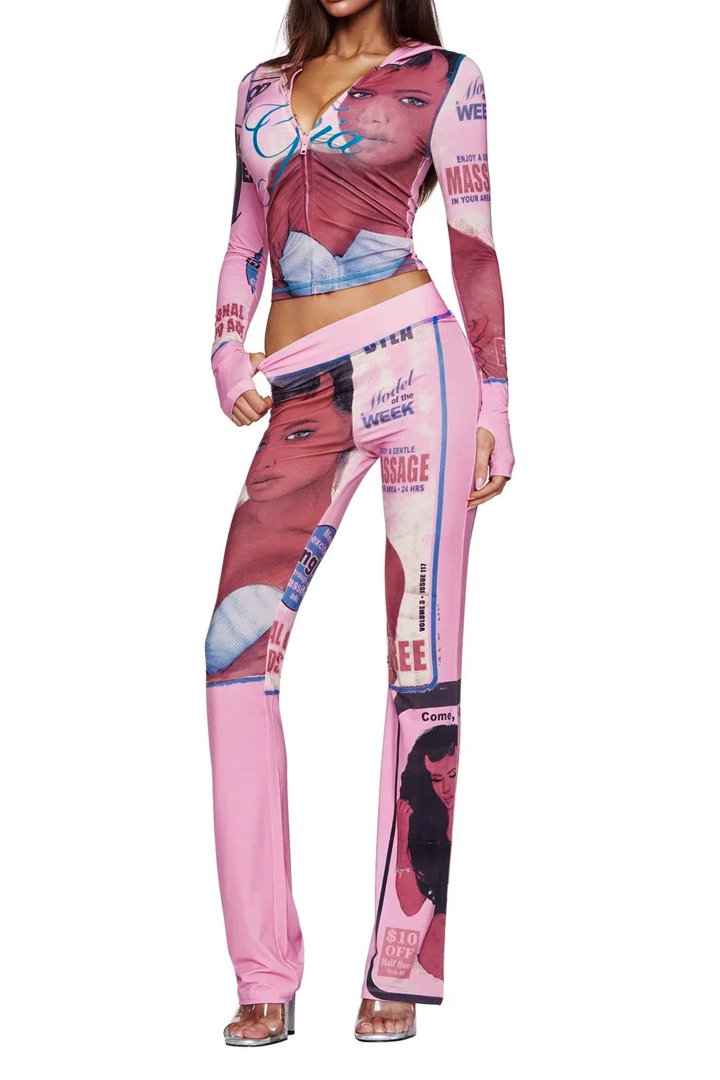 Printed Zip Hoodie & Flared Pant Set
