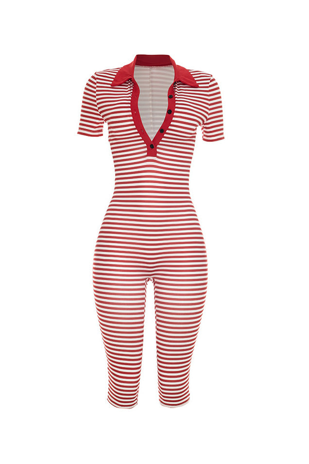 Striped Collared Bodycon Jumpsuit