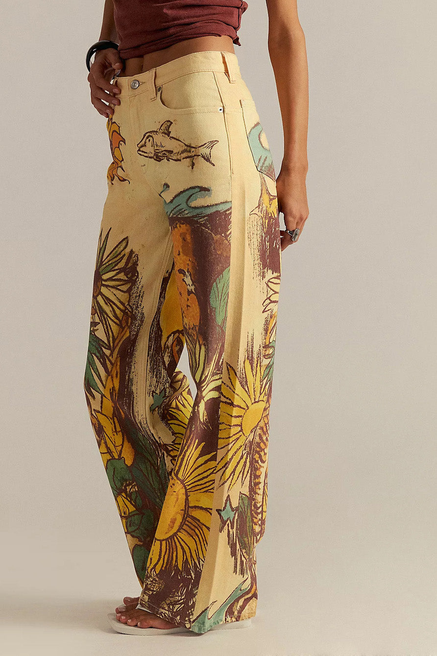 High-Waisted Statement Print Wide Leg Jeans