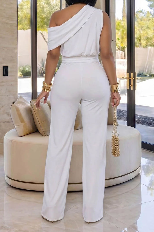 One-Shoulder Draped Wide Leg Jumpsuit