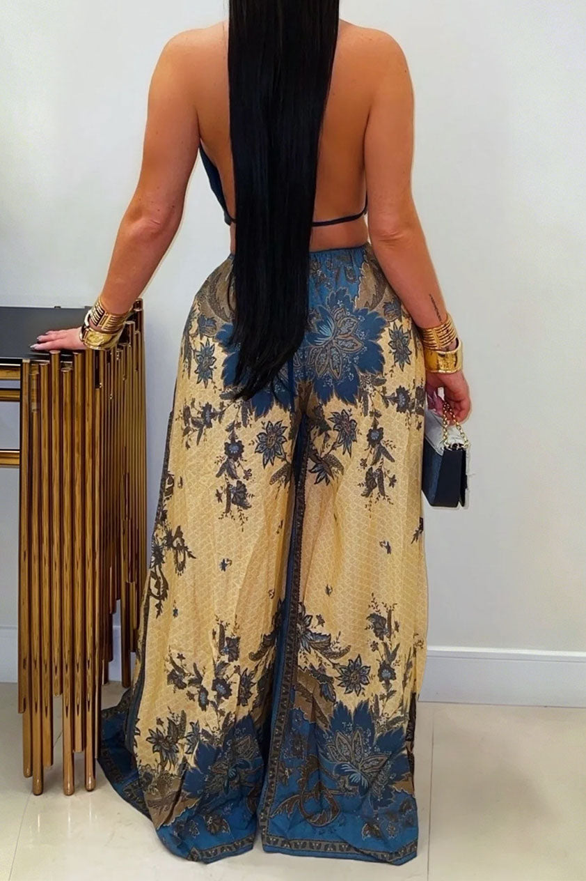 Ornate Print Halter Slit Wide Leg Jumpsuit