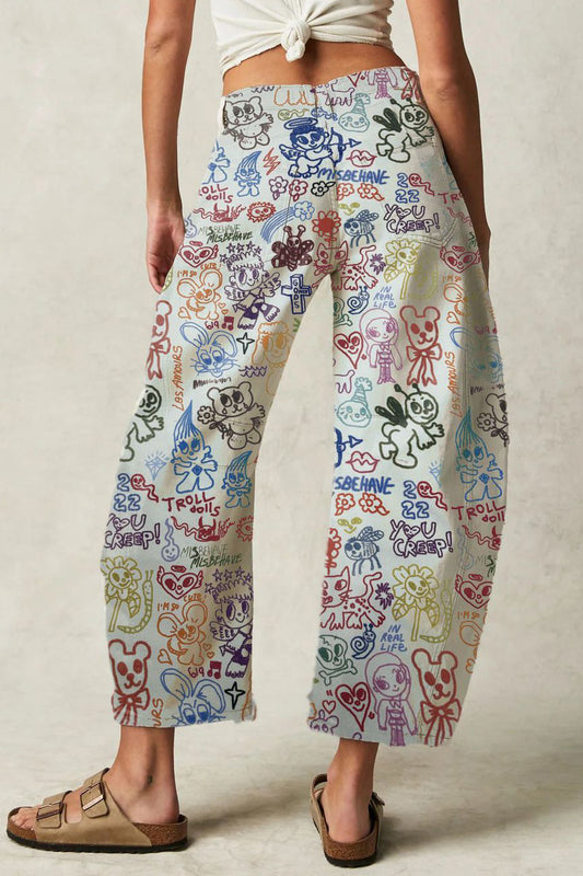 Doodle Print Relaxed Barrel Leg Jeans