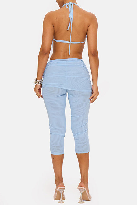 Draped Halter & Sheer Mesh Capri Set
