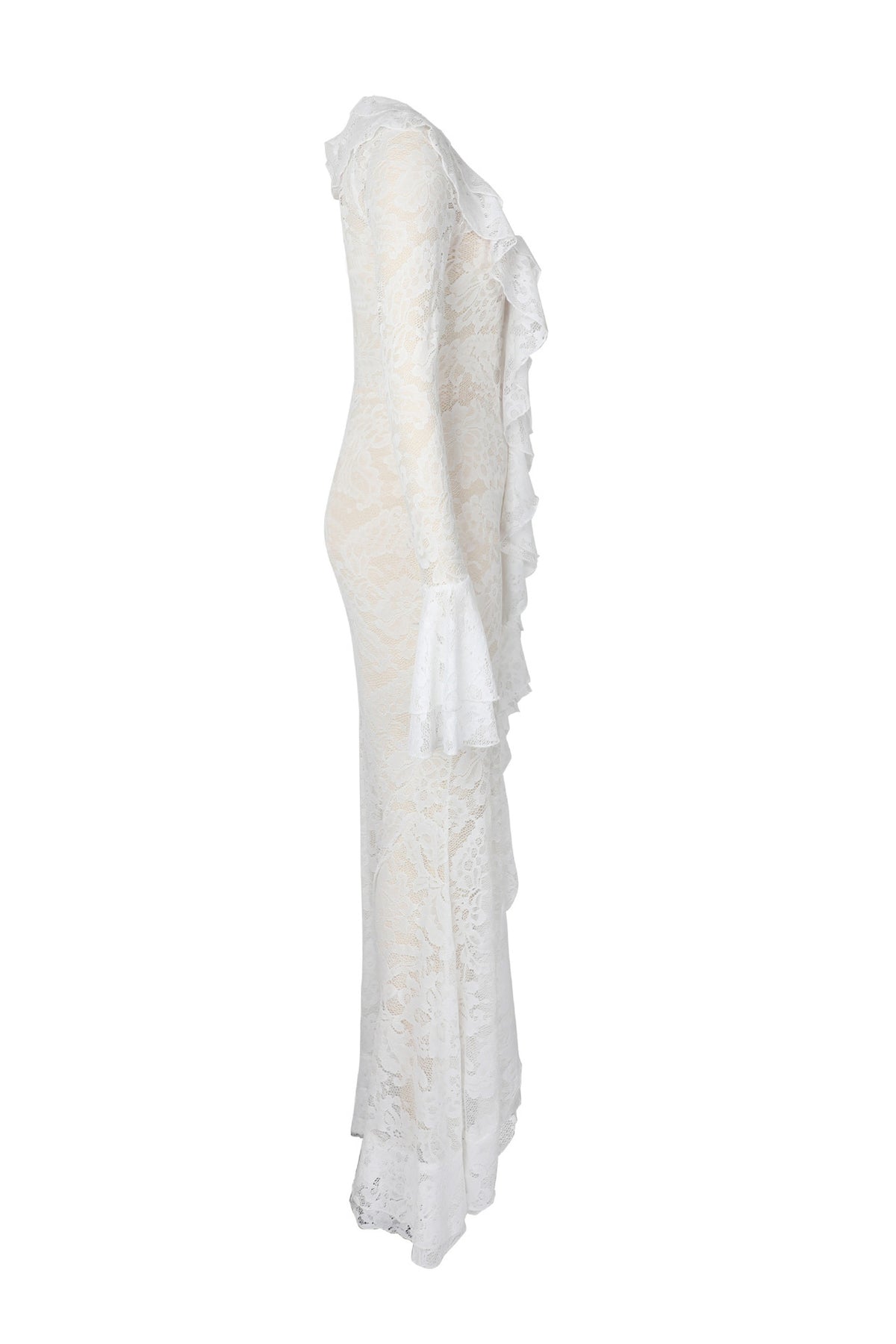 Sheer Lace Ruffled Slit Maxi Dress