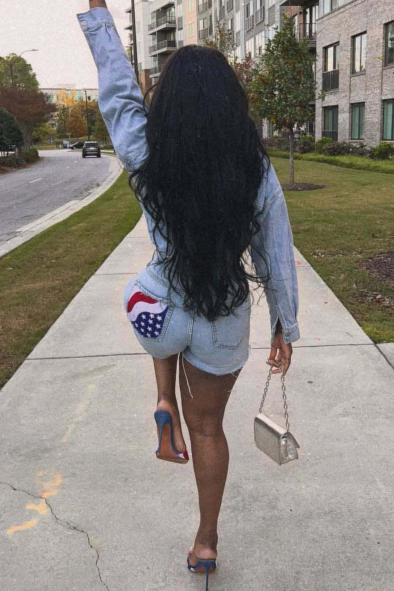 Casual Denim Set with Flag Print for Women