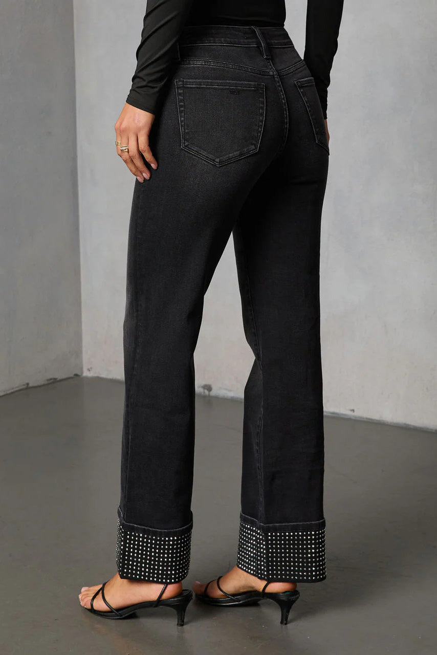 Washed Rhinestone Straight Leg Jeans