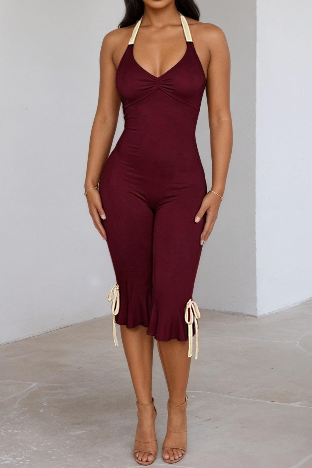 Contrast Halter Ruffle Hem Jumpsuit