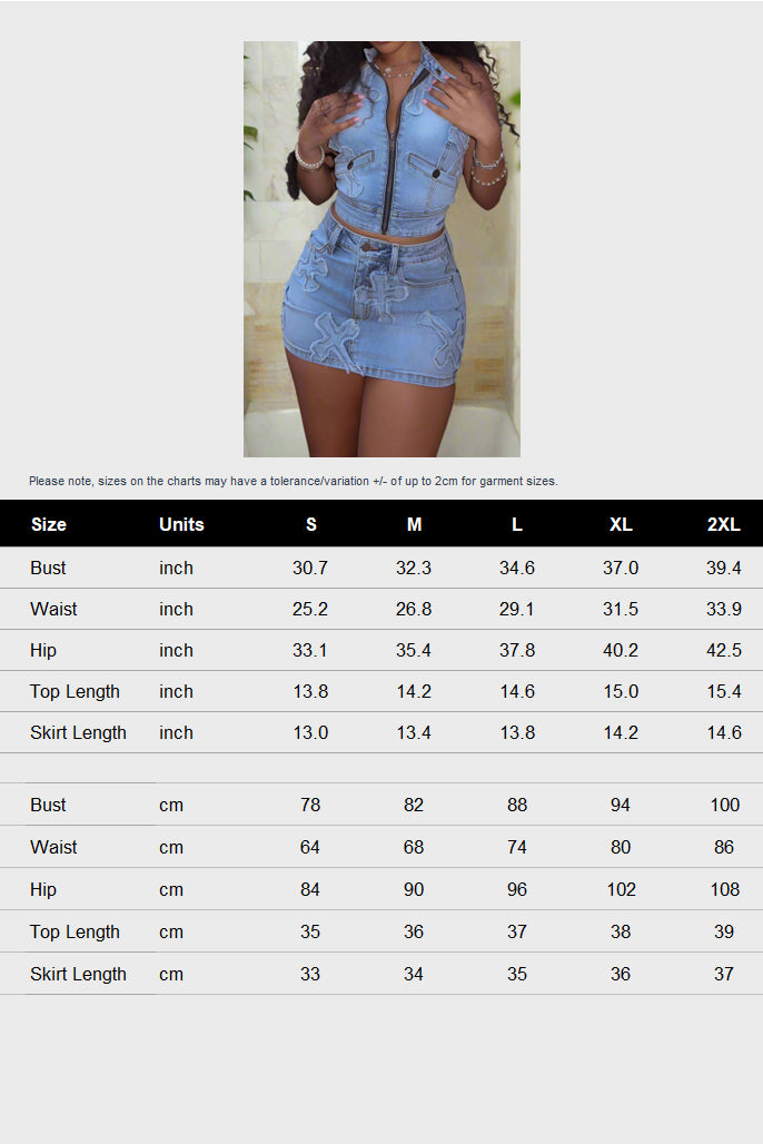 Street Wear Denim Zipper Skirt Set