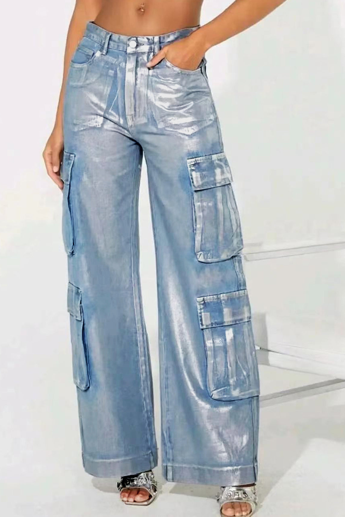 Hot Silver Elastic Cargo Jeans