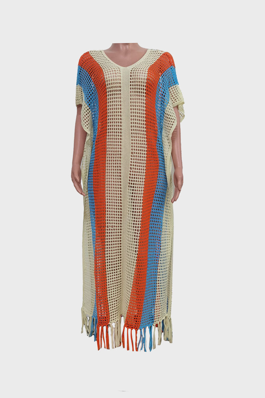 Colorblock V Neck Short Sleeve Split Cover Up