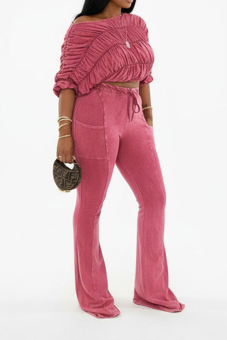 Ruched Crop Top and Lounge Pant Set