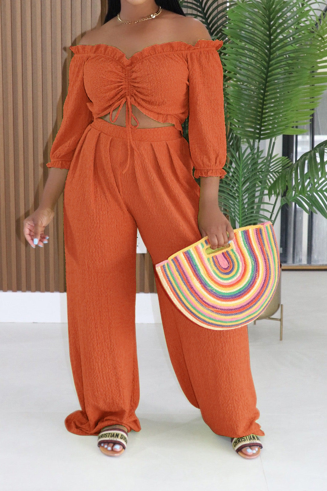 Textured Off-Shoulder Ruched Top & Wide Leg Pants Set