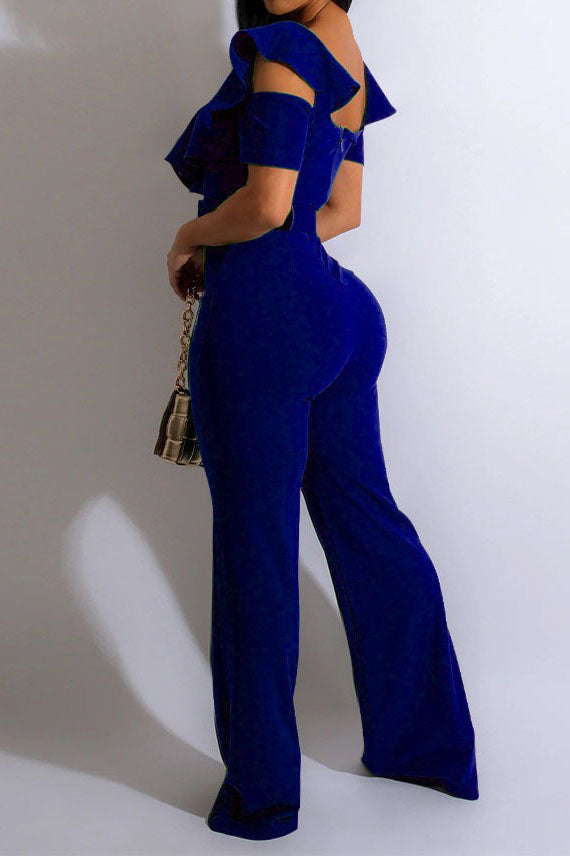 Plunging Ruffle Off-The-Shoulder Belted Flared Jumpsuit
