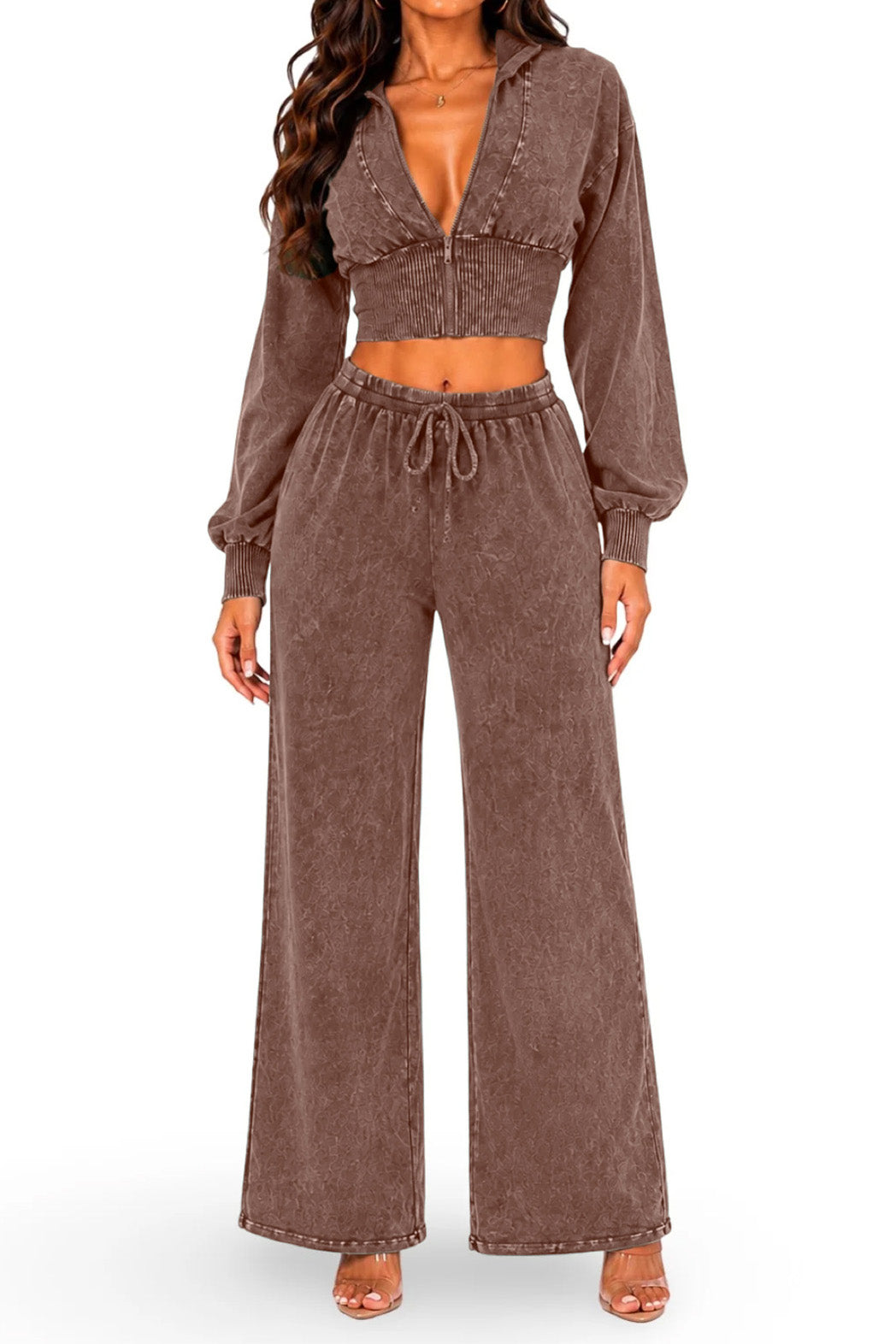 Washed Cropped Zip Jacket Wide Leg Pants Set