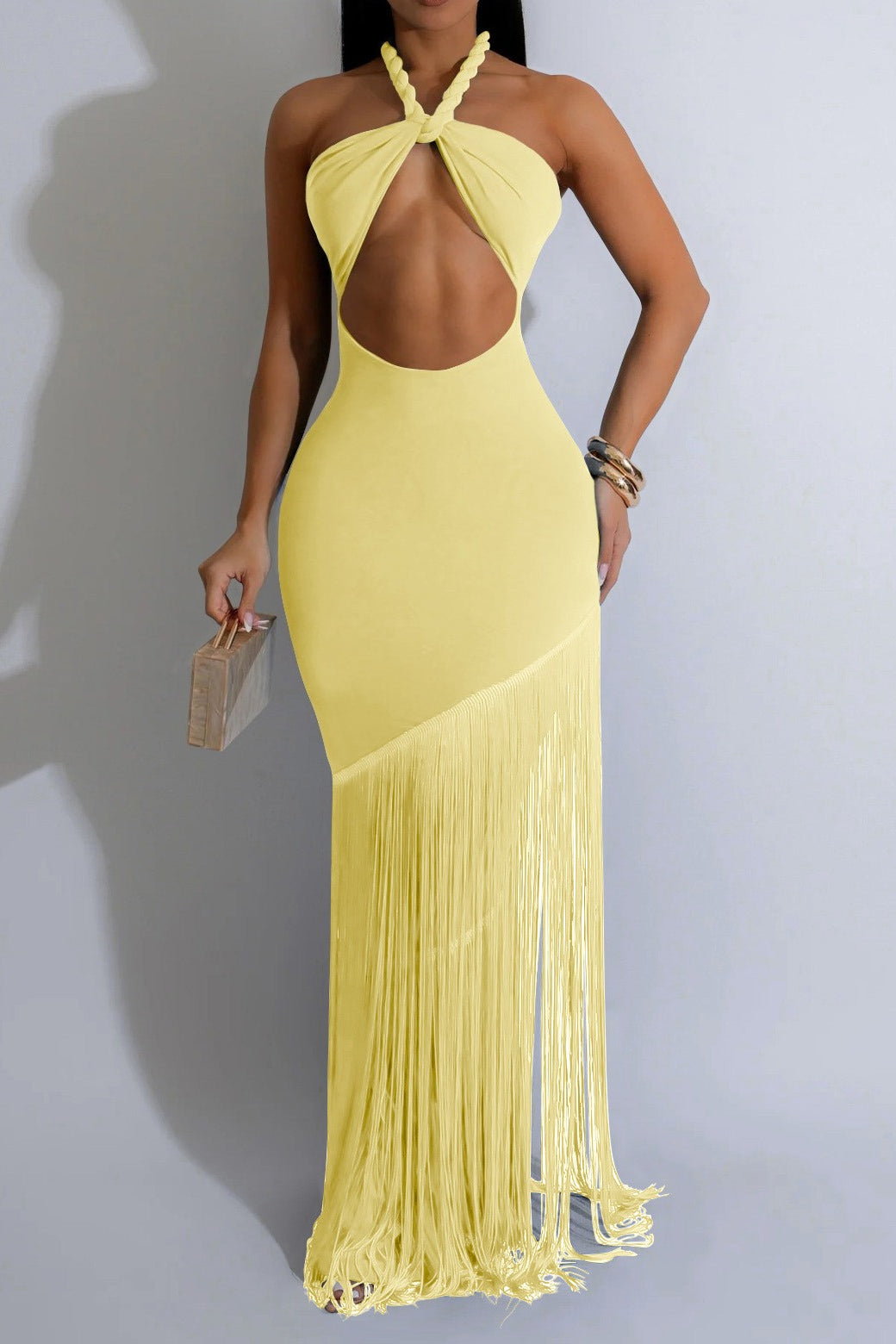 Halter Cutout Fringe Maxi Dress