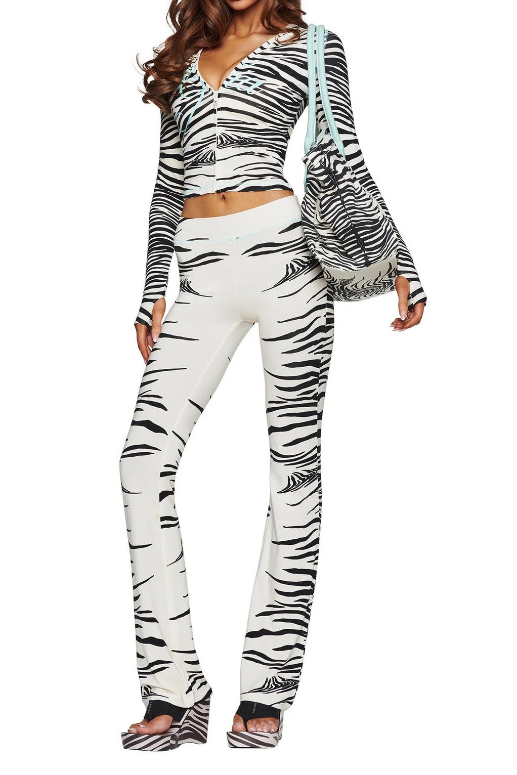 Printed Zip Hoodie Flare Pants Set