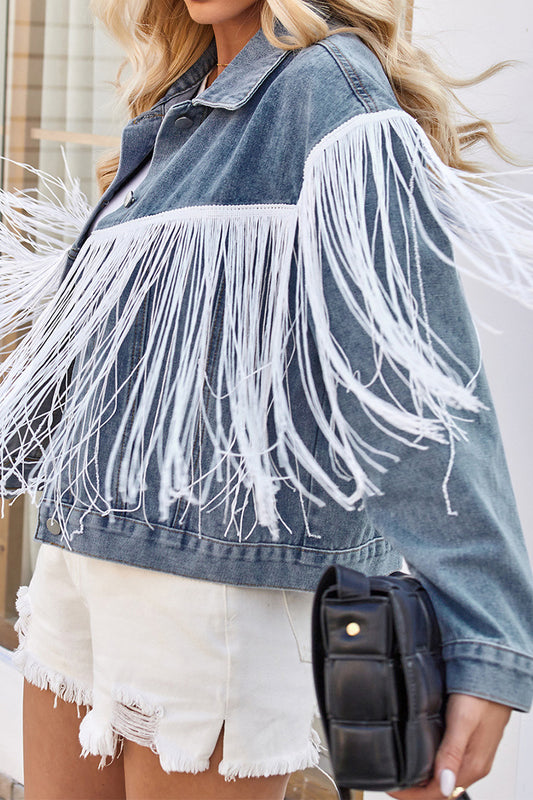 Washed Tassel Long Sleeve Denim Jacket
