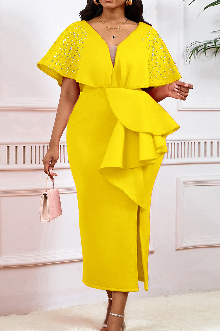 Beaded Ruffled Split Party Dress