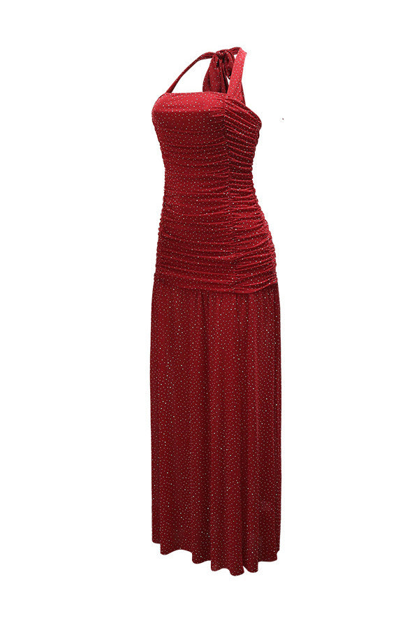 Shimmer Ruched Halter Slit Maxi Gown