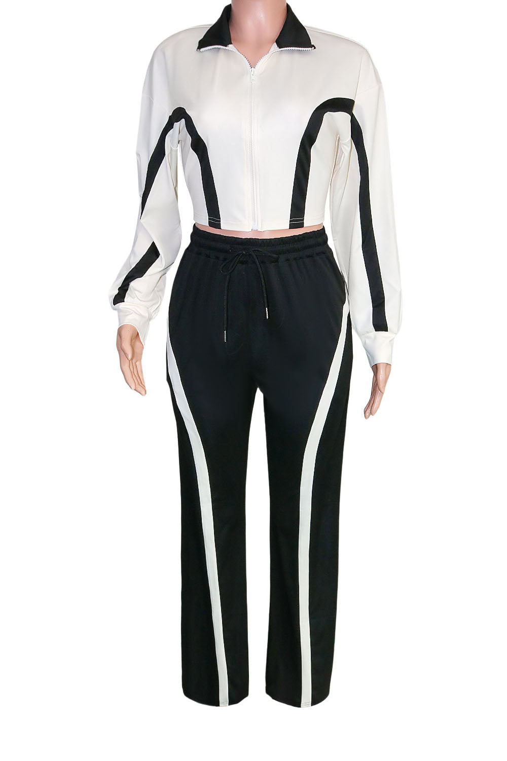 Contrast-Stripe Zip Jacket & Wide-Leg Pants Set