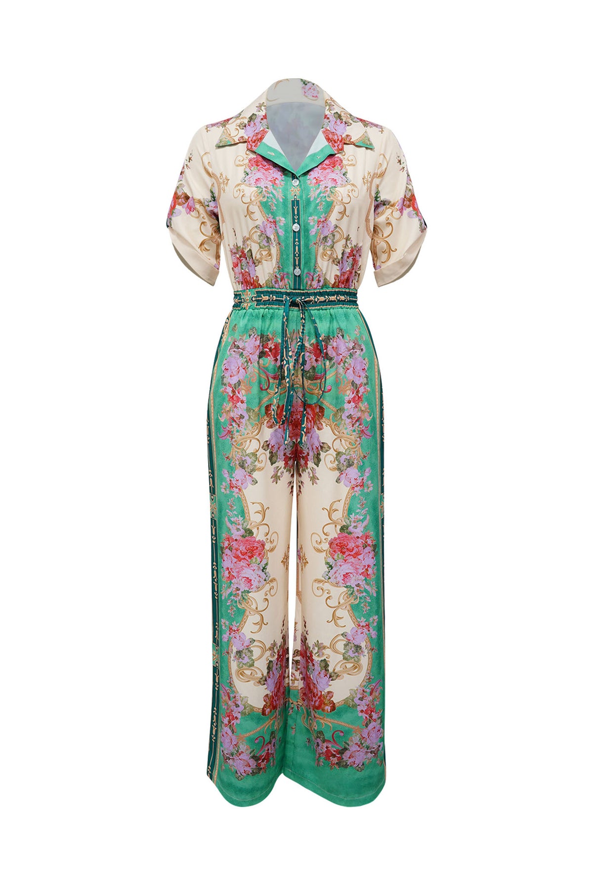 Floral Collared Wide Leg Jumpsuit