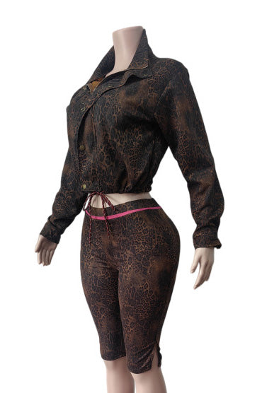 Leopard Cropped Jacket & Biker Short Set