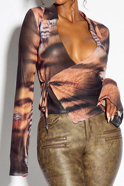 Tiger-Print Tie-Front Mesh Shirt