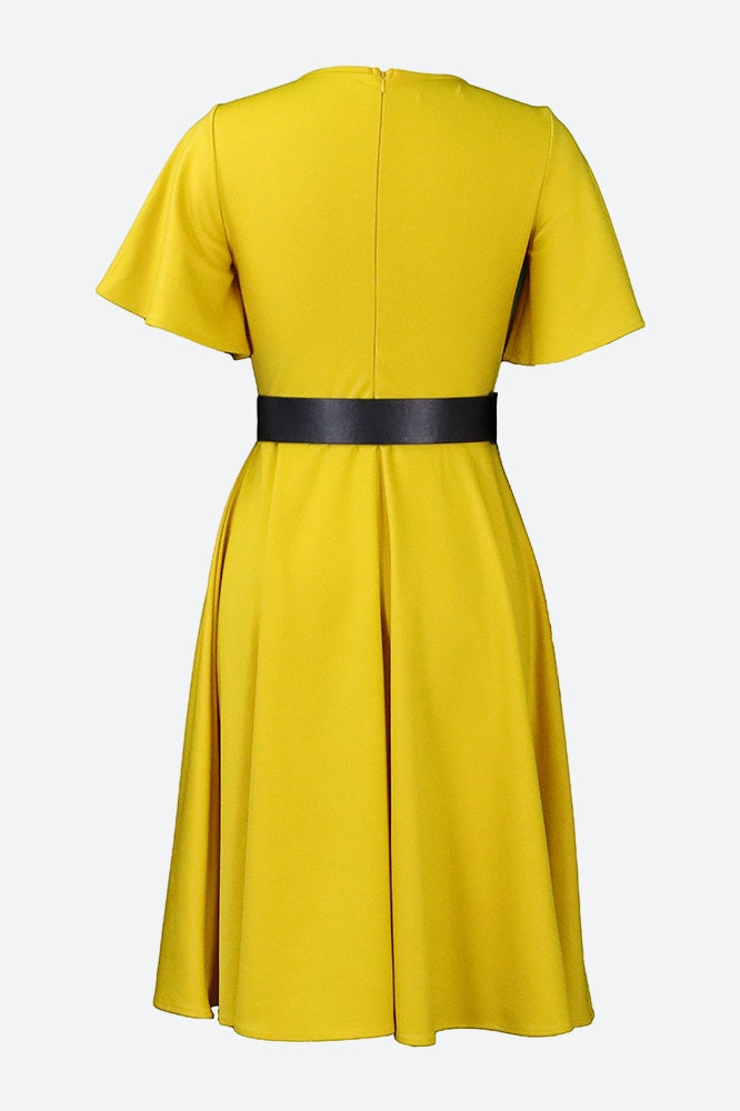 Bell Sleeve Solid Color Belt Dress