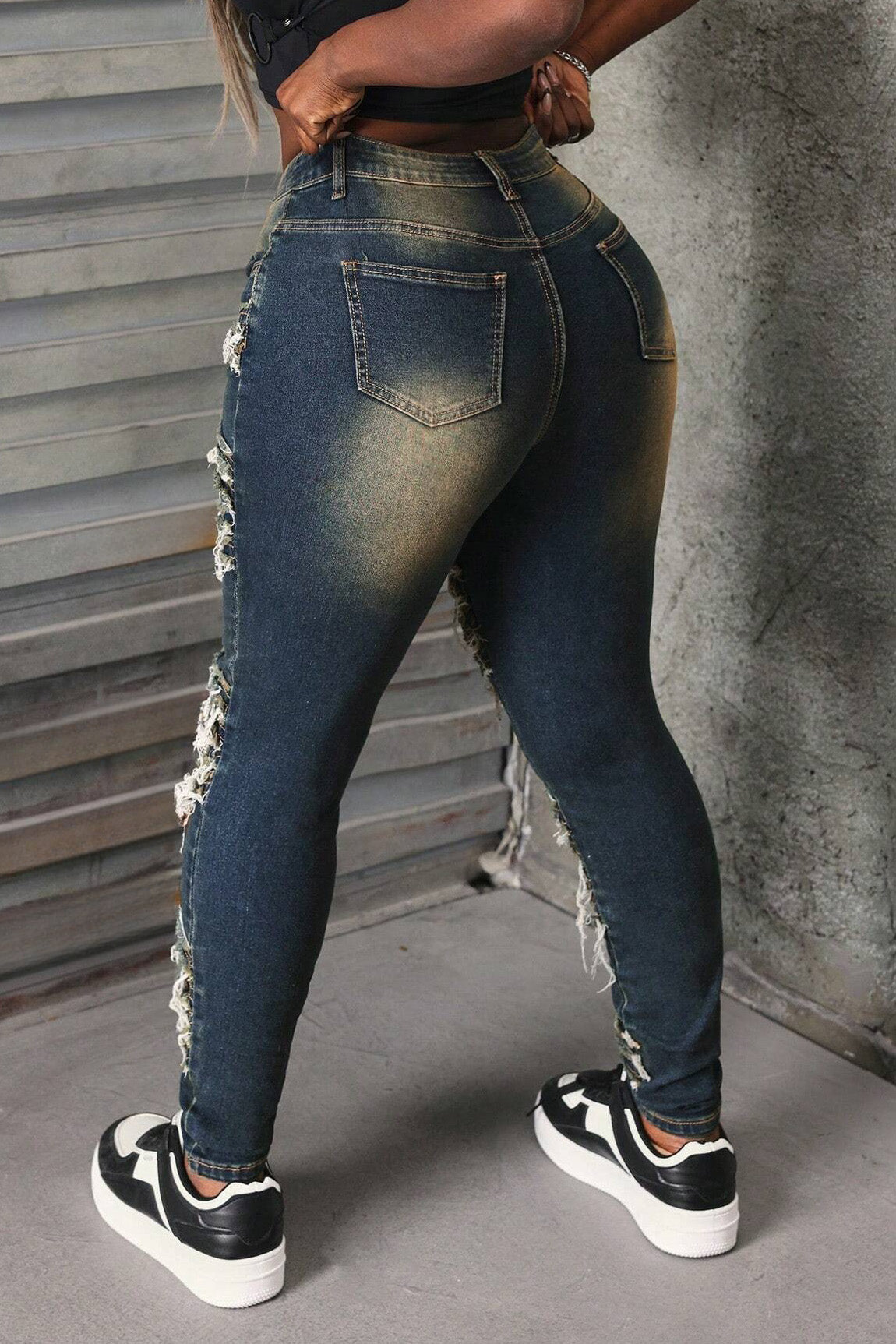 Whiskered Stretch Patch Skinny Jeans