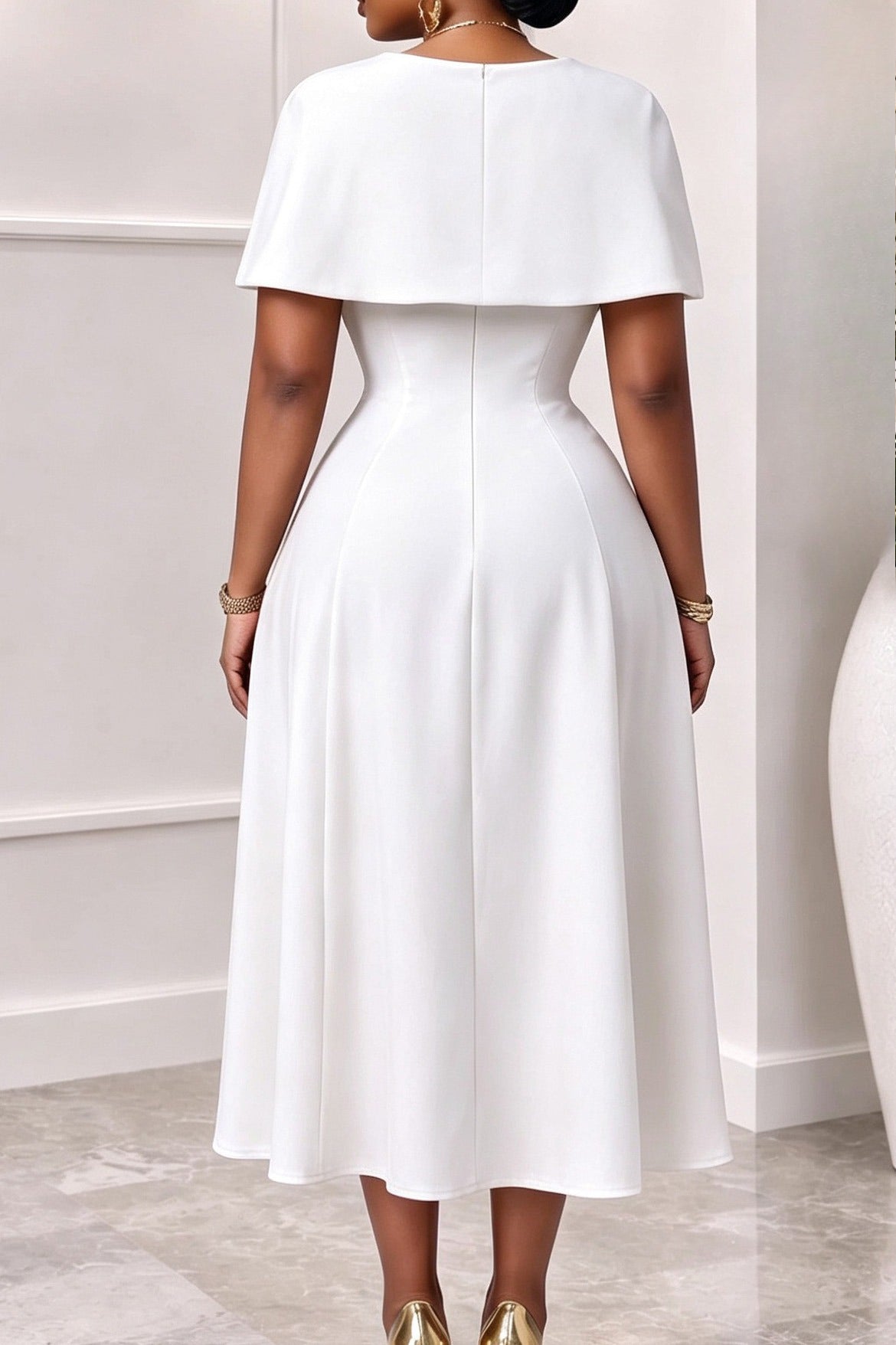 Elegant Cape Overlay A-Line Midi Dress
