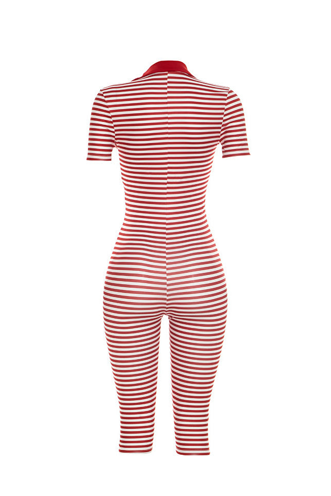 Striped Collared Bodycon Jumpsuit