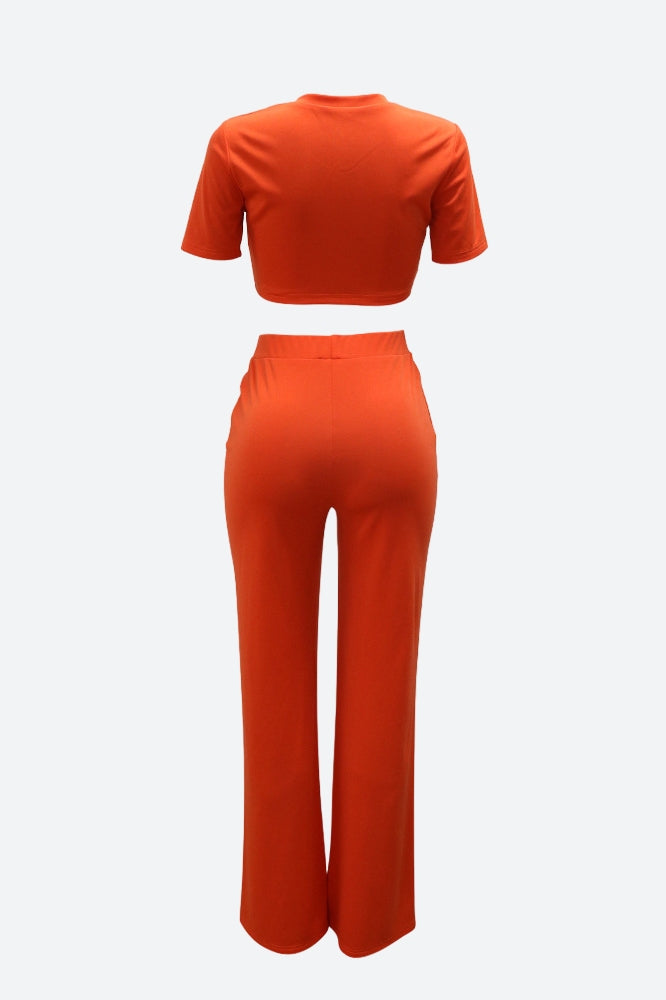 Short Sleeve Cropped Top Pants Set