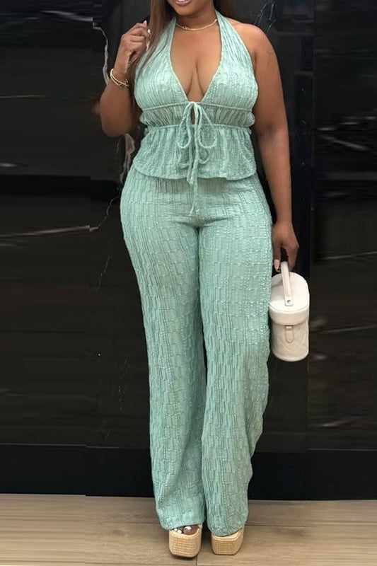 Textured Halter Wide Leg Pant Set